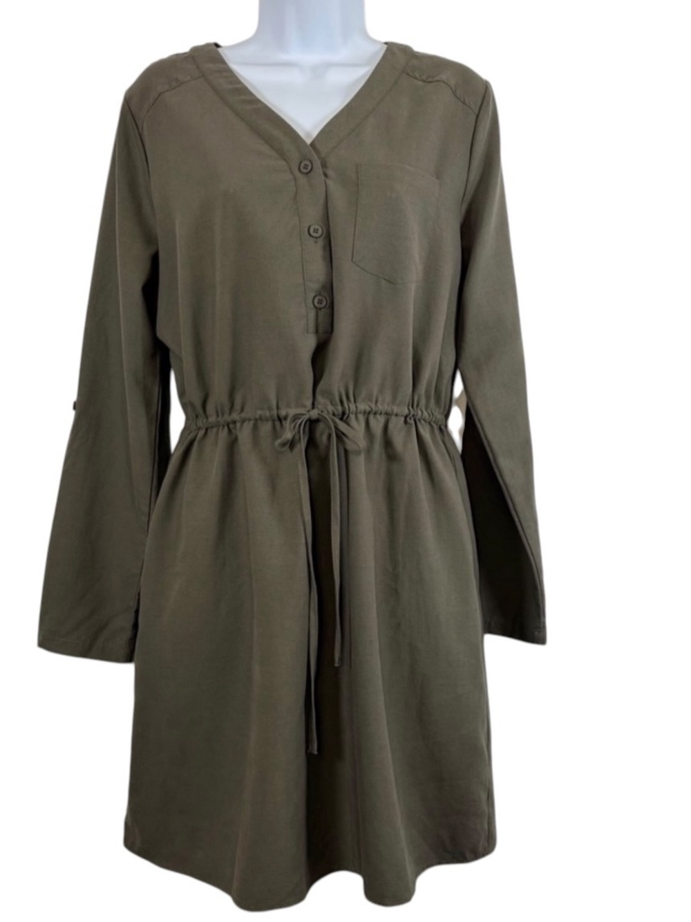 Mystree Linen Blend Green Long Roll Tab Sleeve Drawstring Waist Shirt Dress SzM